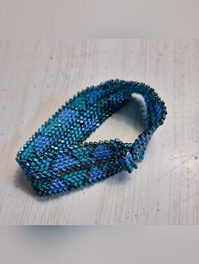 Handmade Woven Seed Bead Geometric Bracelet - Teal & Purple